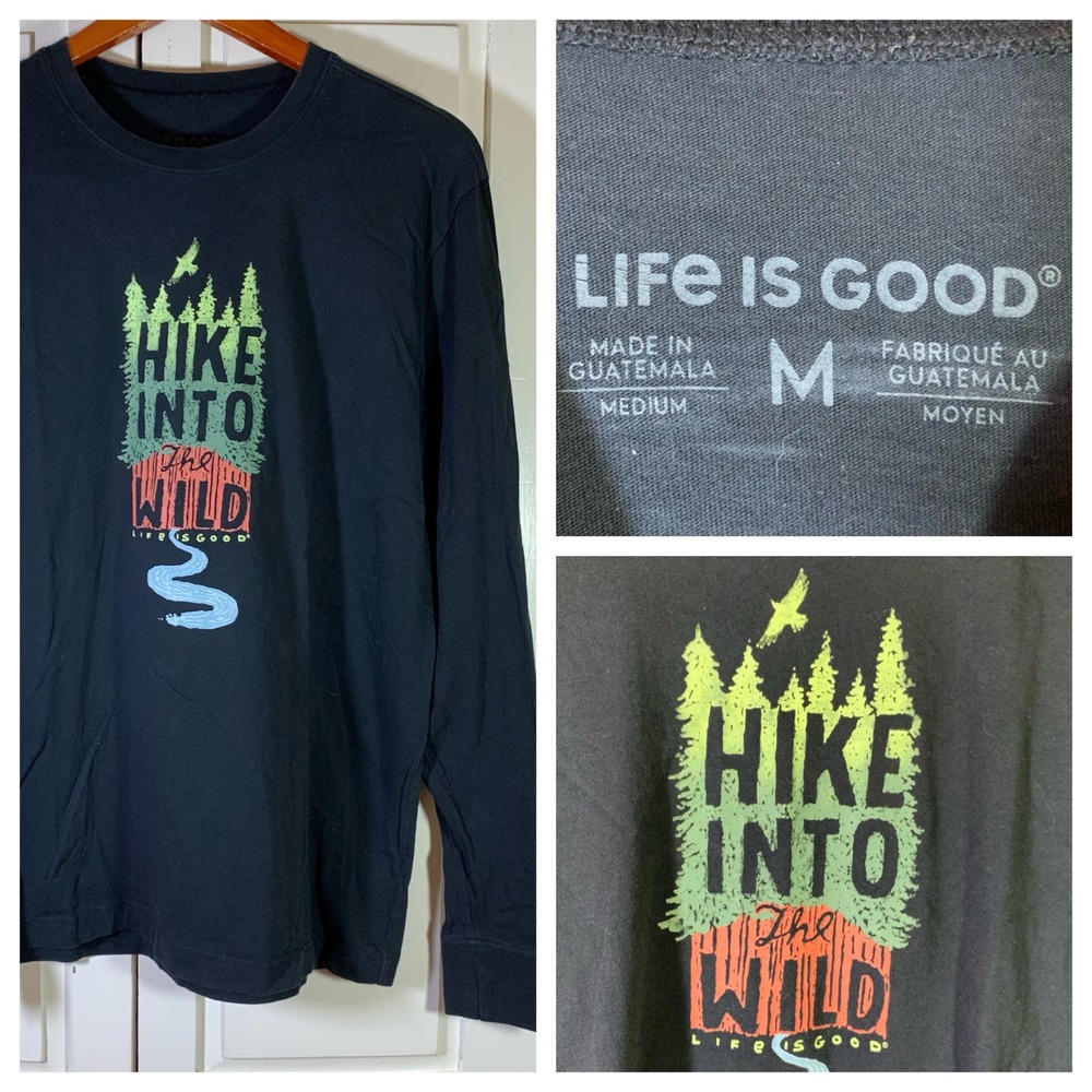 Life is Good Mens Long Sleeve T Shirt Hike Into The Wild Graphic‎ Black Medium